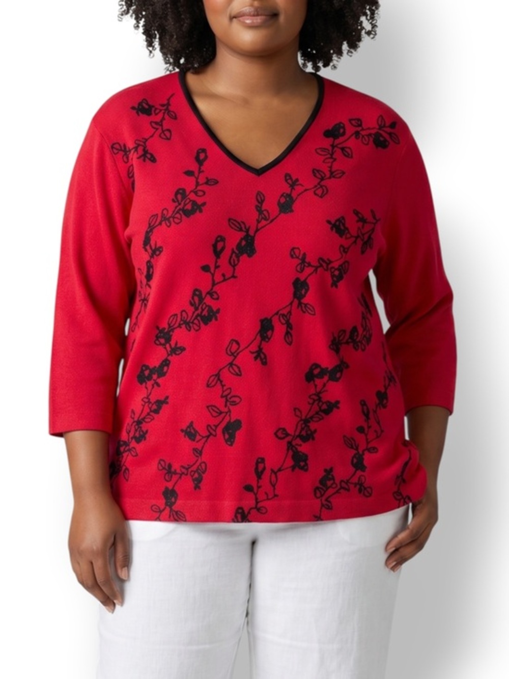 4/$20 Teddi Red Floral Velvet Trim V-Neck Knit Top Plus Size 1X